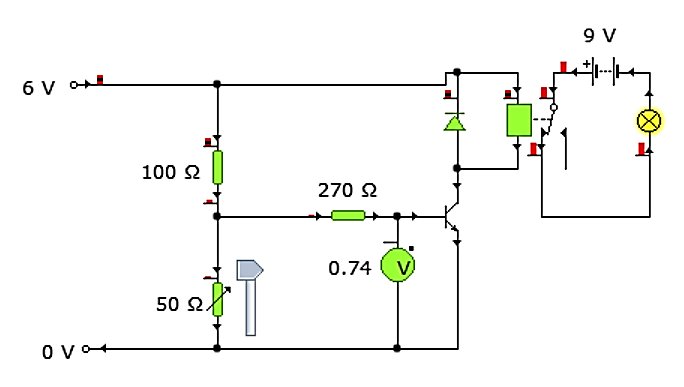 Yenka transistor, relay and lamp circuit with a protection diode